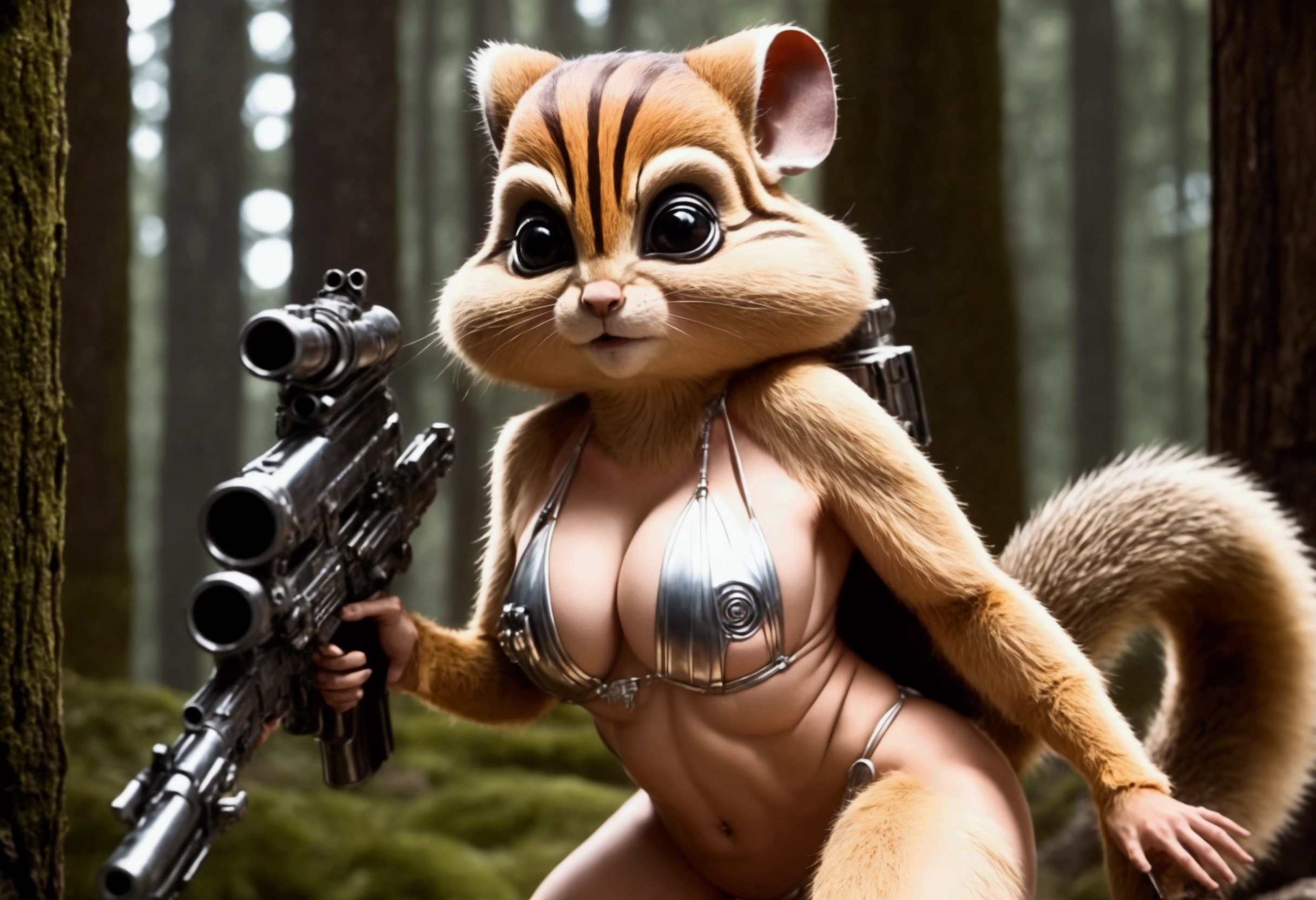 Star Wars, a chipmunk themed alien woman (sexy furry bikini, huge eyes, huge breasts, athletic, body fur, blaster pistol, cute) is sneaking up on an Imperial base. Forest