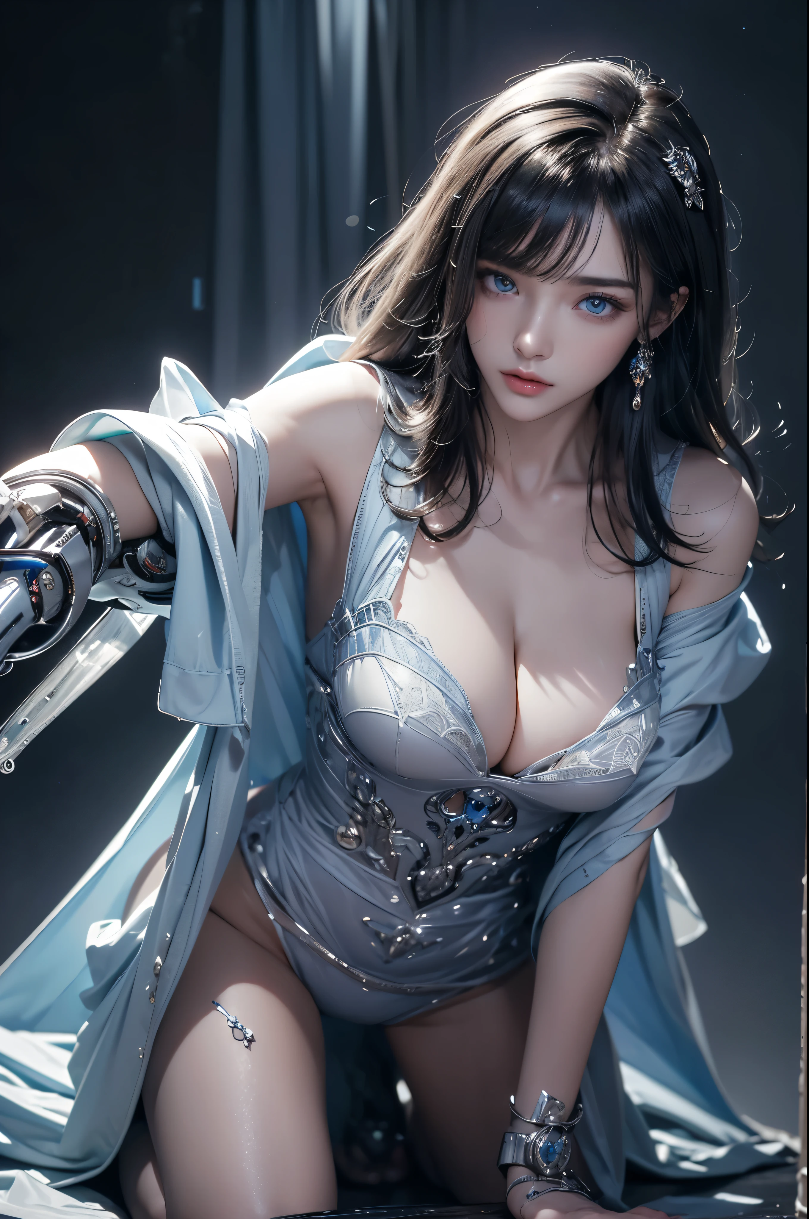 top quality、Top image quality、Masterpiece、mecha girl((18 years old、Armor for hands and feet、joint,bare legs,Bust 85、brown hair、close to viewer、Gaze at the viewer、Chest energy、Breasts wide open,reaching out、brown eyes、shy smile、Dye your cheeks))high quality、depth of field((space colony))、depth、Naked trench (huge breasts:1.2),wet skin((rogue))Cool atmosphere
