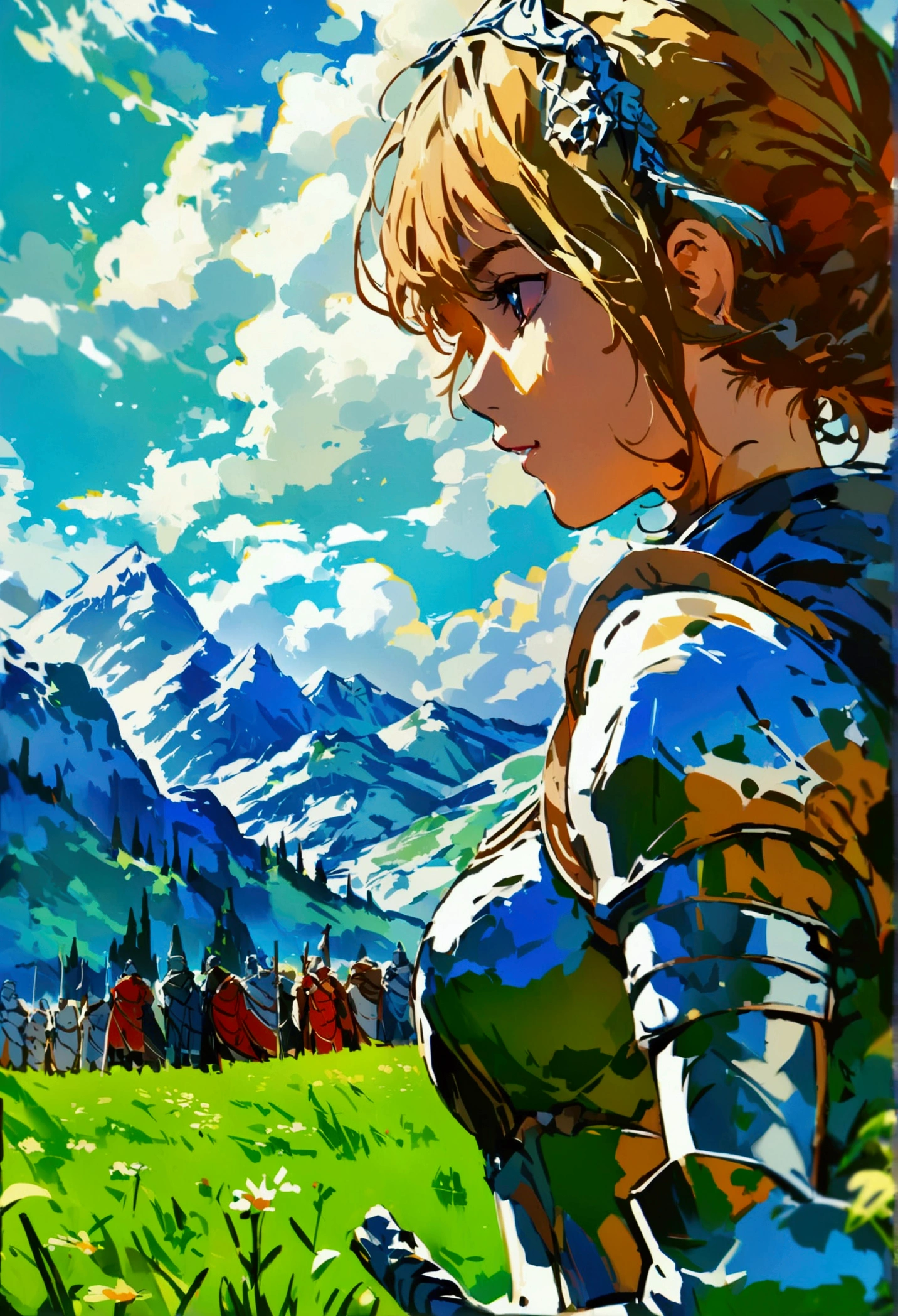 On green meadows,There was a girl leading a group of knights,Brave expression, Mountains stand in the distance,((detailed)), ((high quality)),Illustration style, HD