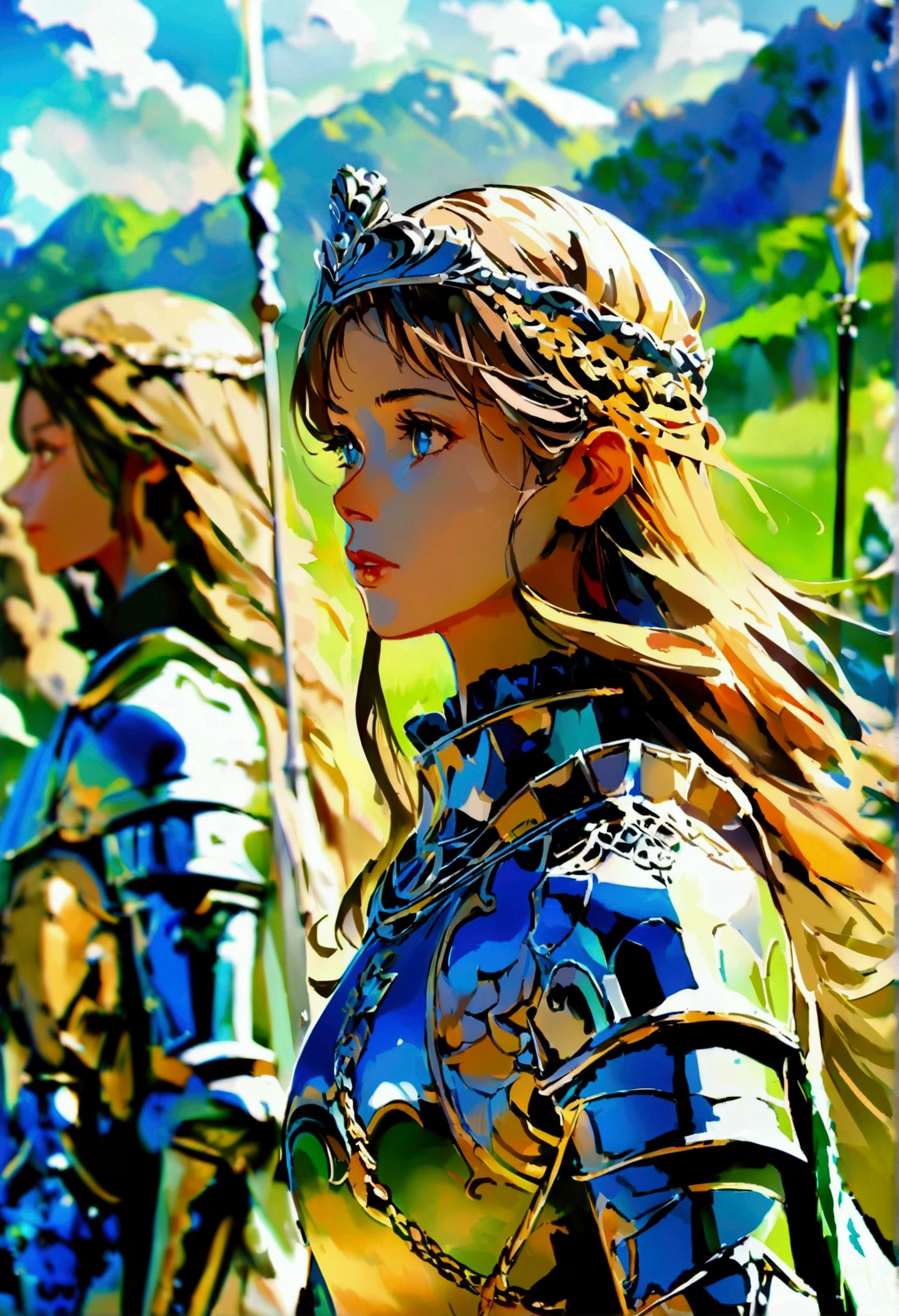 On green meadows,There was a girl leading a group of knights,Brave expression, Mountains stand in the distance,((detailed)), ((high quality)),Illustration style, HD