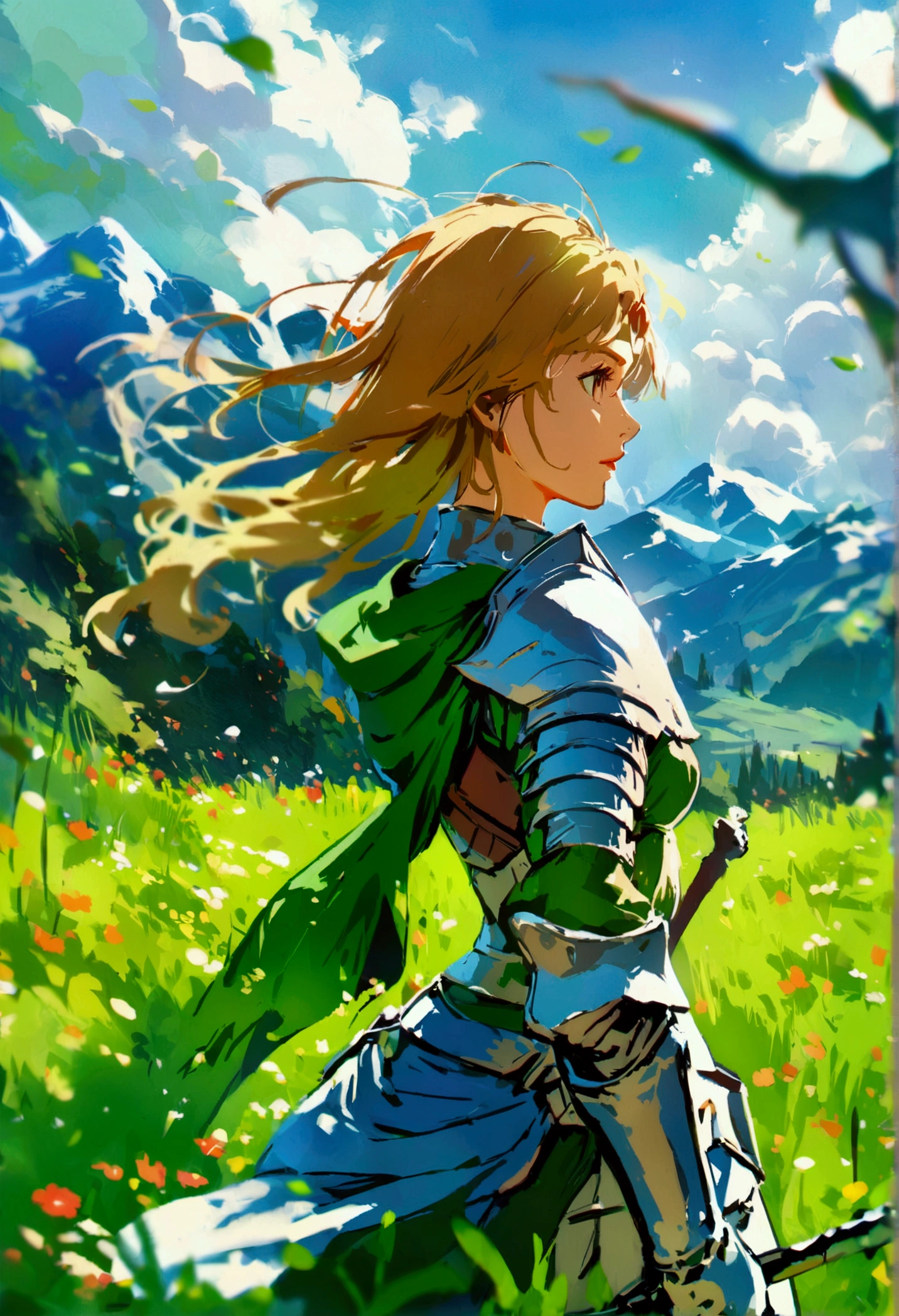 On green meadows,There was a girl leading a group of knights,Brave expression, Mountains stand in the distance,((detailed)), ((high quality)),Illustration style, HD