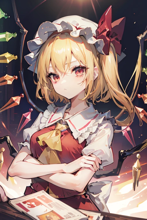 (masterpiece),Highest quality, Expressive eyes, Perfect Face, 1girl,
Large Breasts, A Cup, Nice breasts, beautiful, nice,anime,girl,roller, Floating clothes, Tent Chest ,Flandre Scarlet,
1girl,Blonde,Mob Cap,Hair Ribbon,bow tie,Side Ponytail,wing,Short sleeve,Best,Ascot,1wing,1 pair of wing,Cross your arms, Cross Arm, Arms under chest