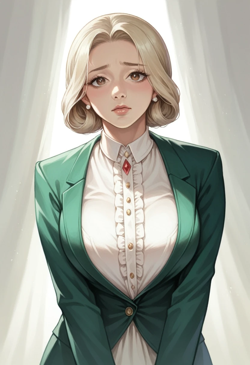 a tall athletic woman, beautiful detailed face, hazel eyes, long platinum blonde hair, dark green fancy classic men's suit, light brown skin, intricate elegant design, dramatic lighting, cinematic lighting, highly detailed, photorealistic, 8k, best quality, masterpiece, strong, tall, buff, soft facial features, shy, white blouse, green blazer, curvy