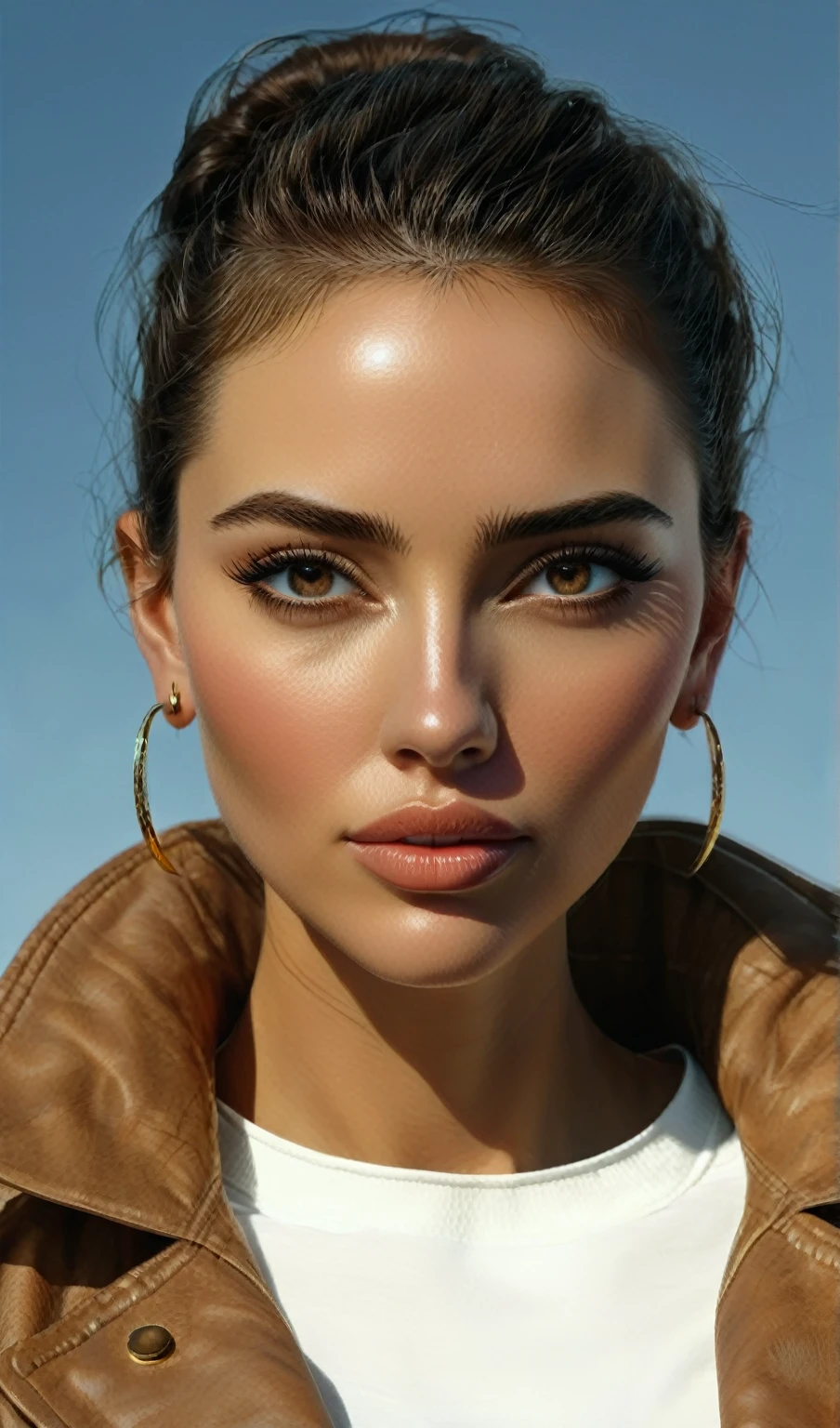 medio plano  of a woman wearing a brown jacket and earrings, extremely detailed face, photoBeautiful realistic face, Beautiful realistic face, beautiful realistic face, highly detailed realistic face, hyperBeautiful realistic face, Ultra realistic faces, Detailed perfect face, Beautiful and realistic faces, 8k highly detailed face, detailed realistic face, Detailed beautiful face, extremely realistic faces character notebook with different shots 