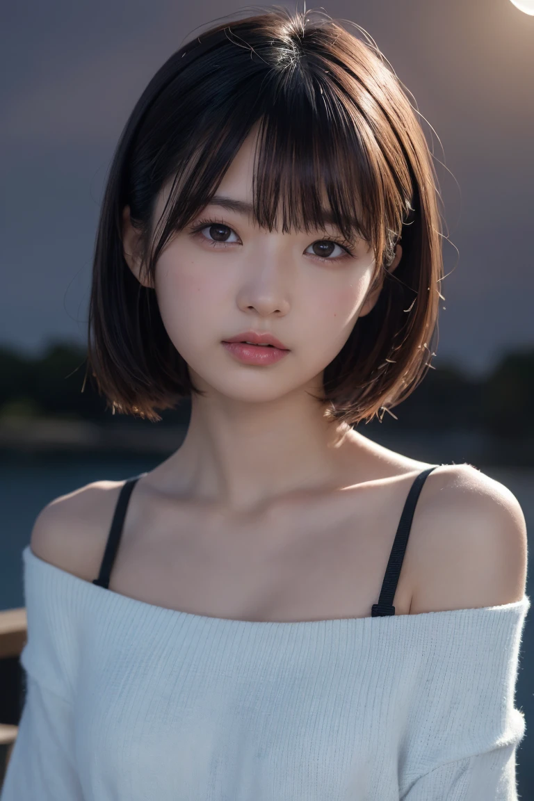 Tabletop, Highest quality, 8k, ((8-year-old, 10 generations,,Lolicon,Childish, Primary school students)), face,若いface,RAW Photos, Absurd, Award-winning portrait, にこやかな笑face, White teeth,The corners of the mouth turn up,alone, (night:1.8), Idol face, Delicate girl,Delicate body, Upper Body, Digital SLR, View your viewers, Frank, Sophisticated,Thin arms, Thin body,Stroking the shoulder,Long, thin neck,Professional Lighting, Film Grain, chromatic aberration, (Eyes and faces with detailed:1.0) , Black-haired , shortcut,Bans, double eyelid, drooping eyes , Small breasts,Knitted Products,White knitwear,Knitted Products,texture,Too much exposure,shoulders protruding,((Drop shoulder)),I can see your chest,Cleavage,胸に光がShine,Shiny breasts,Shine胸,Shine,