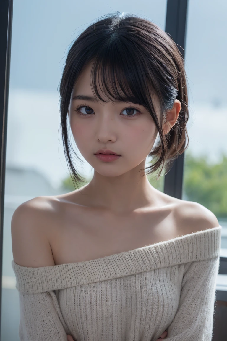 Tabletop, Highest quality, 8k, ((8-year-old, 10 generations,,Lolicon,Childish, Primary school students)), face,若いface,RAW Photos, Absurd, Award-winning portrait, にこやかな笑face, White teeth,The corners of the mouth turn up,alone, (night:1.8), Idol face, Delicate girl,Delicate body, Upper Body, Digital SLR, View your viewers, Frank, Sophisticated,Thin arms, Thin body,Stroking the shoulder,Long, thin neck,Professional Lighting, Film Grain, chromatic aberration, (Eyes and faces with detailed:1.0) , Black-haired , shortcut,Bans, double eyelid, drooping eyes , Small breasts,Knitted Products,White knitwear,Knitted Products,texture,Too much exposure,shoulders protruding,((Drop shoulder)),I can see your chest,Cleavage,胸に光がShine,Shiny breasts,Shine胸,Shine,