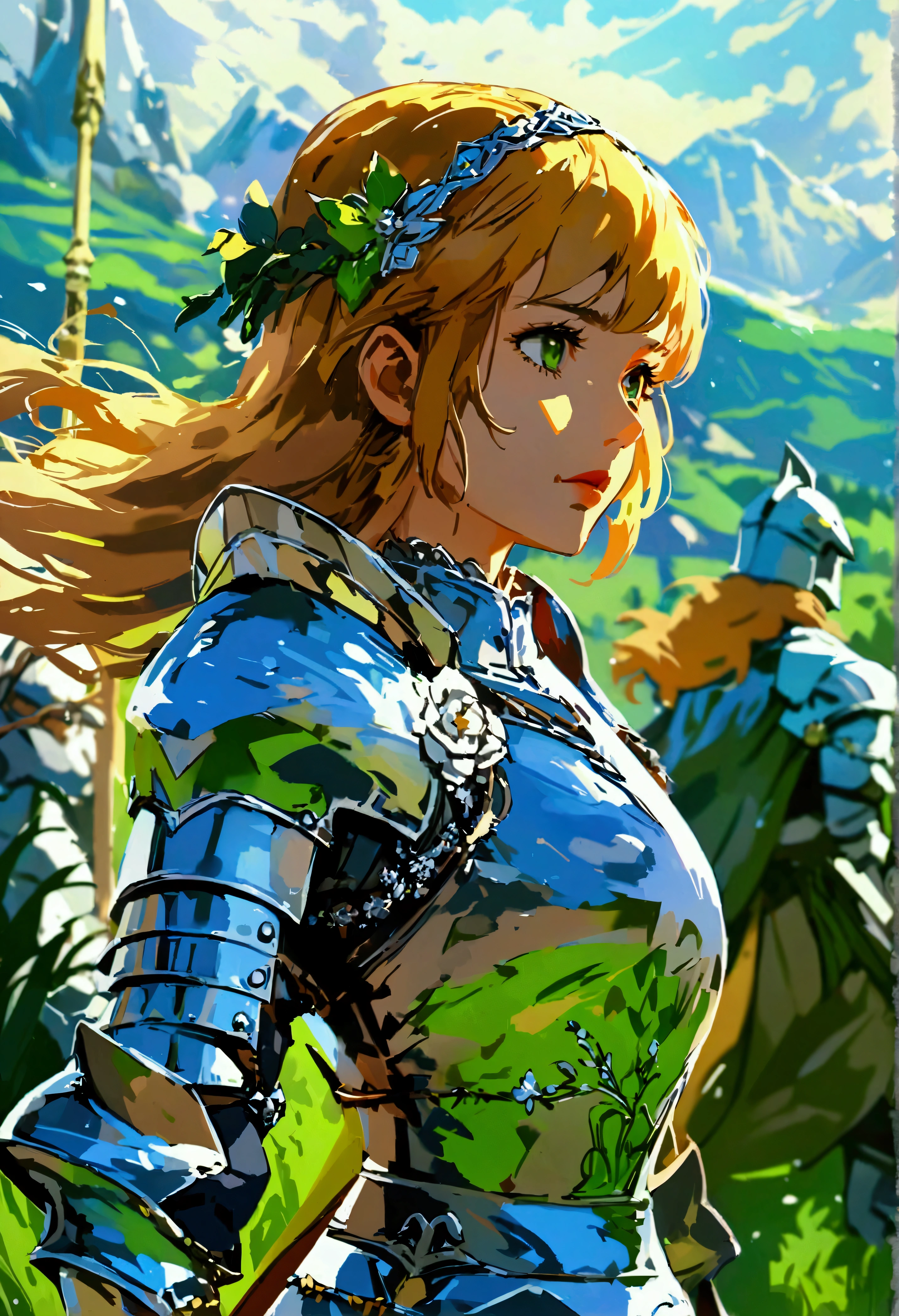 On green meadows,There was a girl leading a group of knights,Brave expression, Mountains stand in the distance,((detailed)), ((high quality)),Illustration style, HD