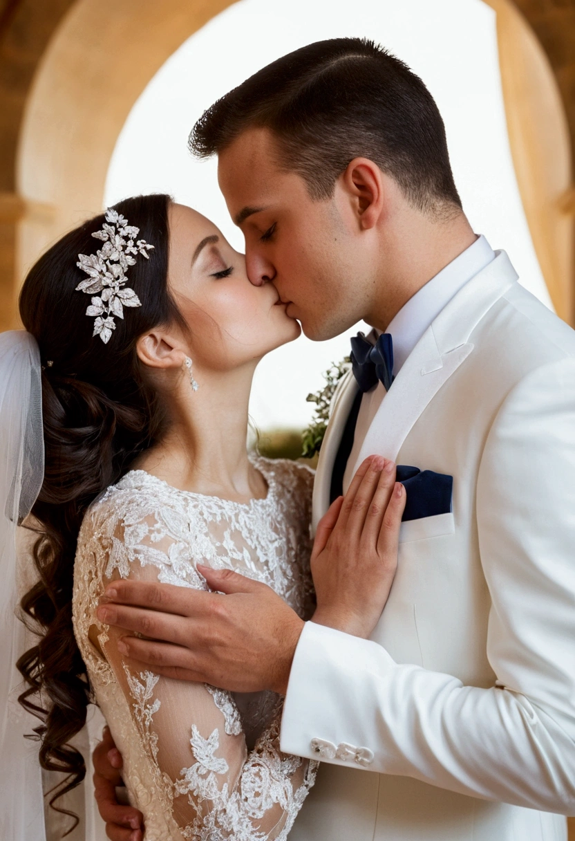 wedding photography, she is dressed in white and he is in his gala suit, They hold hands for a tender kiss 