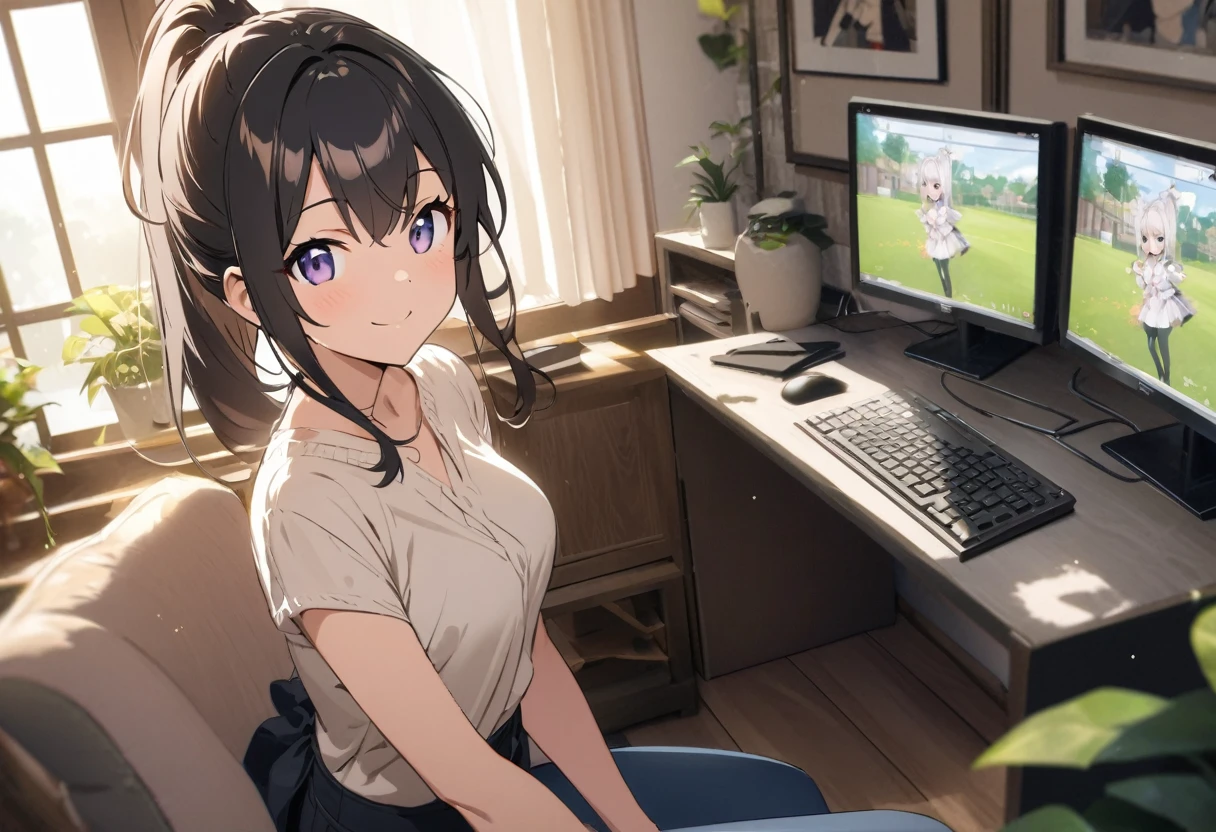 (high resolution,high quality)anime、Beauty、cute、Stylish、ponytail、View your viewers、smile、In a beautiful house、computer、Working