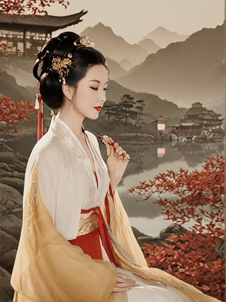 Whimsical and Playful, cinematic photo ink wash painting of light hanfu,A traditional Chinese art-inspired portrait, featuring a woman in ancient Hanfu attire.  The serene landscape evokes the tranquility found in classical Chinese paintings from the Song and Ming dynasties. Complementing the scene are golden calligraphy characters and red seals,  all set within a color palette rich in soft golds, whites, and deep reds.Tilted frame, introducing a sense of tension or dynamism.,A tranquil, peaceful environment. . monochromatic, loose, fluid, expressive, delicate,colorful . 35mm photograph, film, bokeh, professional, 4k, highly detailed, imaginative, fantastical, bight colors, stylized, happy, Whimsical and Playful