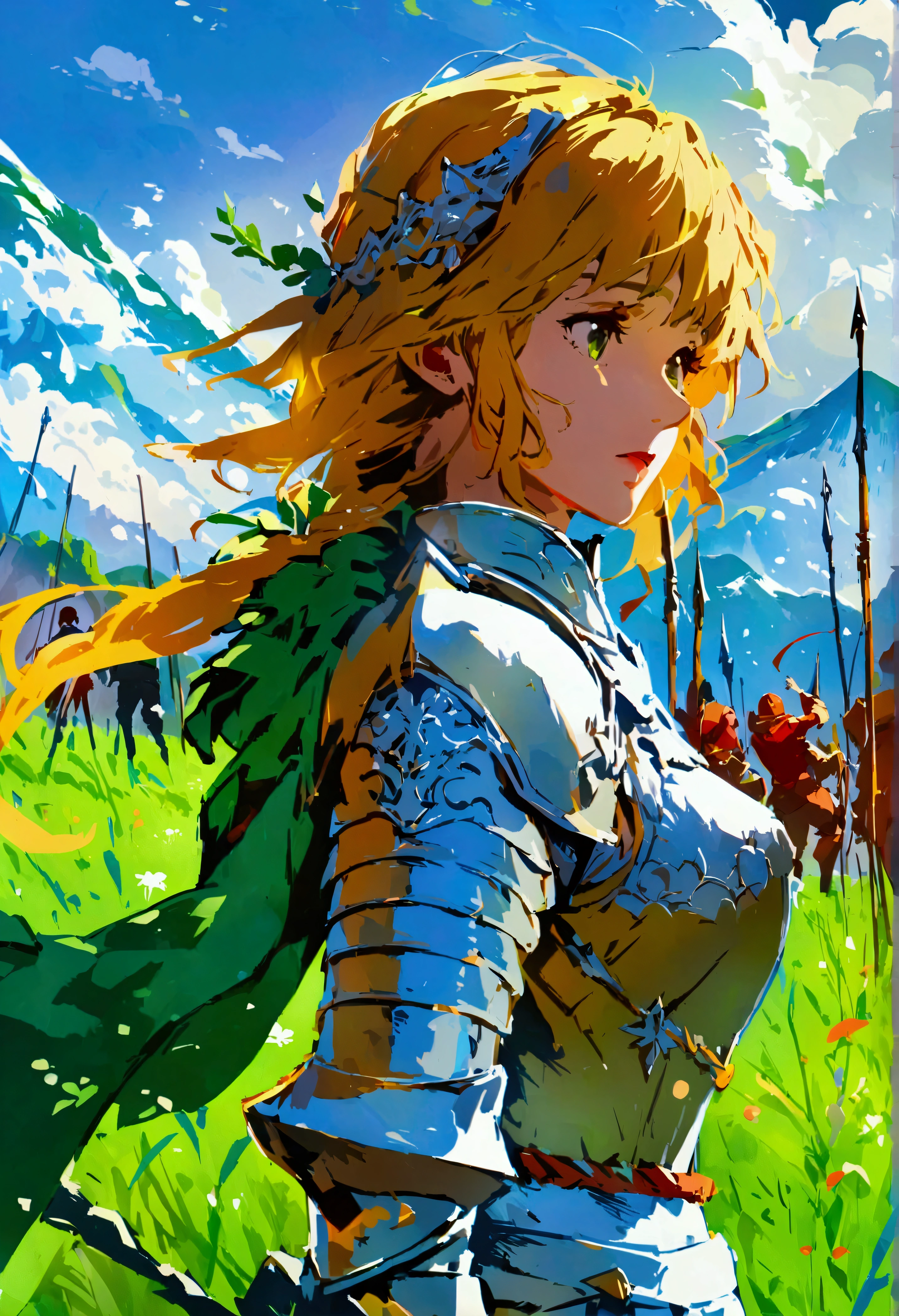 On green meadows,There was a girl leading a group of knights,Brave expression, Mountains stand in the distance,((detailed)), ((high quality)),Illustration style, HD