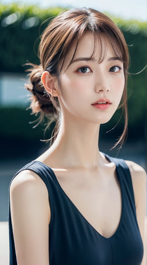 1womanl, Put your hair up to reveal a sexy nape or neck , Navy blue long dress, sleeveless 、mideum breasts, light brown hair, Blunt bangs, hair behind ear, hair over shoulder, Long hair, slender body shape, Ultra Fine Face, Thin face, Delicate lips, Beautiful eyes, thin blush, eyes are light brown, perfect glossy skin, flawless skin, Glistening sweat,View here, Ultra-thin hands, Ultra-fine fingers, best ratio four finger and one thumb, (realisitic:1.3), See-through white blouse. An amusement park, One-person viewpoint, Fuji Film, F/1.2, 8K, masutepiece, nffsw, Super Detail, High quality, Best Quality, hight resolution