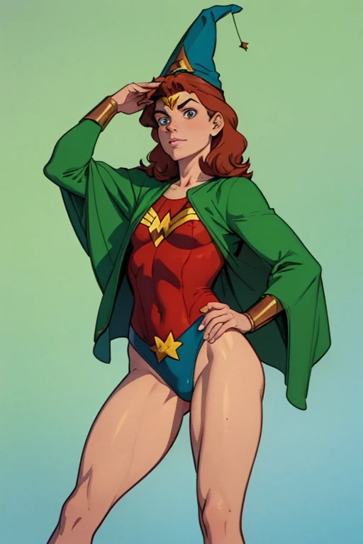 a redhead cartoon character, wonder woman outfit, green leotard, very muscular,  male wizard, 1980s cartoon, animated episode still, Presto (((mad))), ((Wears a wizard hat))