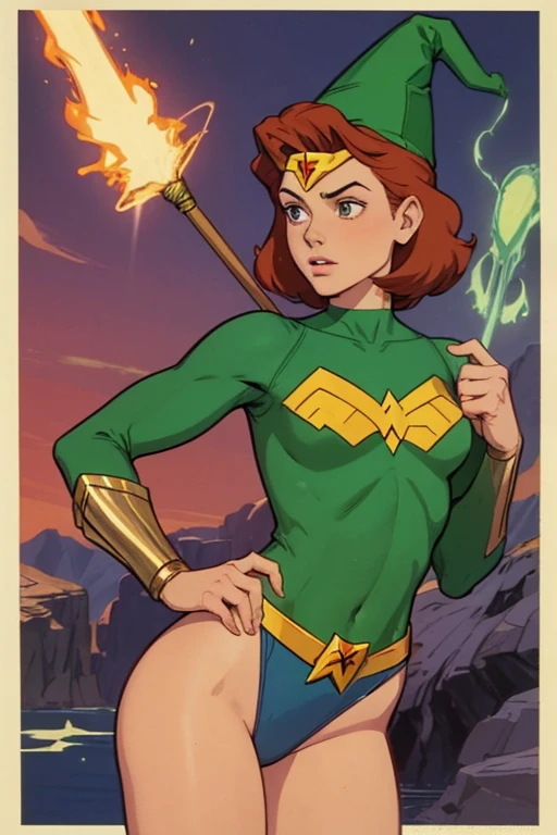 a redhead cartoon character, wonder woman outfit, green leotard, very muscular, 14 year old male wizard, 1980s cartoon, animated episode still, Presto (((mad))), ((Wears a wizard hat))