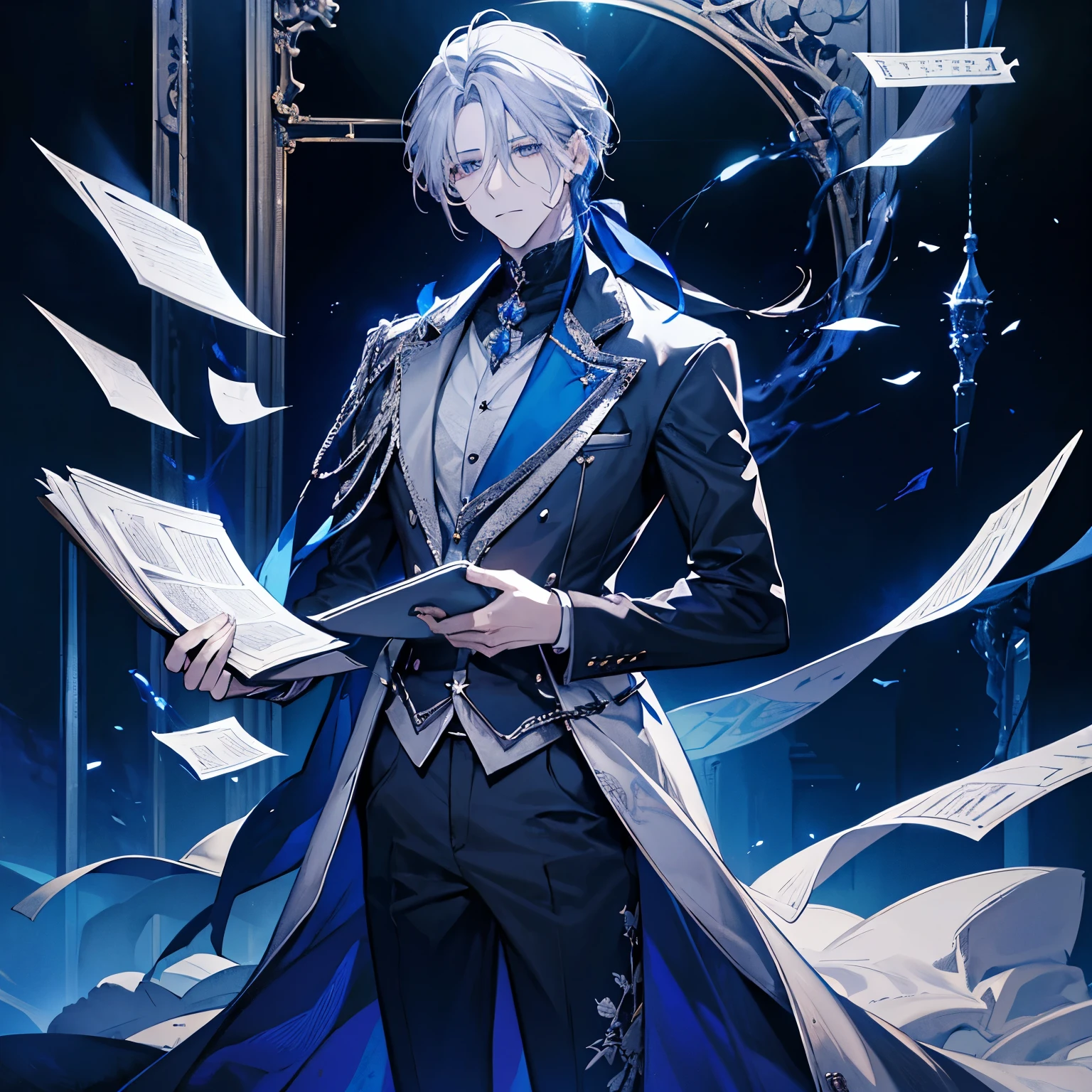 Genre: Romance Fantasy, Dark blue-silver hair that reaches shoulder length, A man with light gray eyes, Holding documents in one hand, I'm sitting in front of my desk in my office. A calm and elegant expression with a strange sense of loneliness, A state of deep contemplation. Wearing a neat uniform.