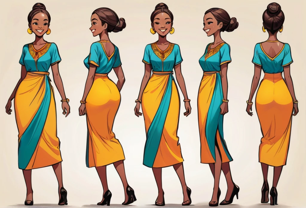 A lady with casual dress, walking and Smiling, (character design sheet) same character front view, side view, back view, flat color, black outline edges, comic,
African (masterpiece best quality:1.2) delicate illustration ultra-detailed, illustrations, bright, colourful, 