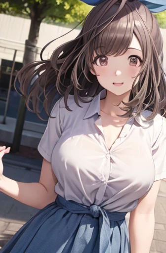 koganetsukioka, kogane tsukioka, (brown eyes:1.5), brown hair, hair tie, ponytail, BREAK bare legs, blue skirt, collarbone, collared shirt, miniskirt, shirt, short sleeves, skirt, tented shirt, tied shirt, tight clothes, tight shirt, white shirt, wing collar, BREAK looking at viewer, BREAK outdoors, BREAK (masterpiece:1.2), best quality, high resolution, unity 8k wallpaper, (illustration:0.8), (beautiful detailed eyes:1.6), extremely detailed face, perfect lighting, extremely detailed CG, (perfect hands, perfect anatomy),