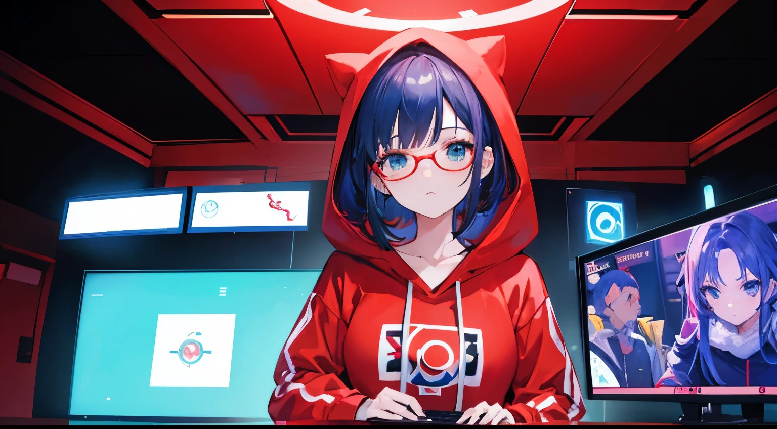 geeky smart anime cute,attractive girl talking wearing a red hoodie. she is sitting behind a laptop and microphone,looking left to camera,left centered character portrait,character in middle,cool background with red,green and blue lights,square big screen showing anime wallpapers on right side