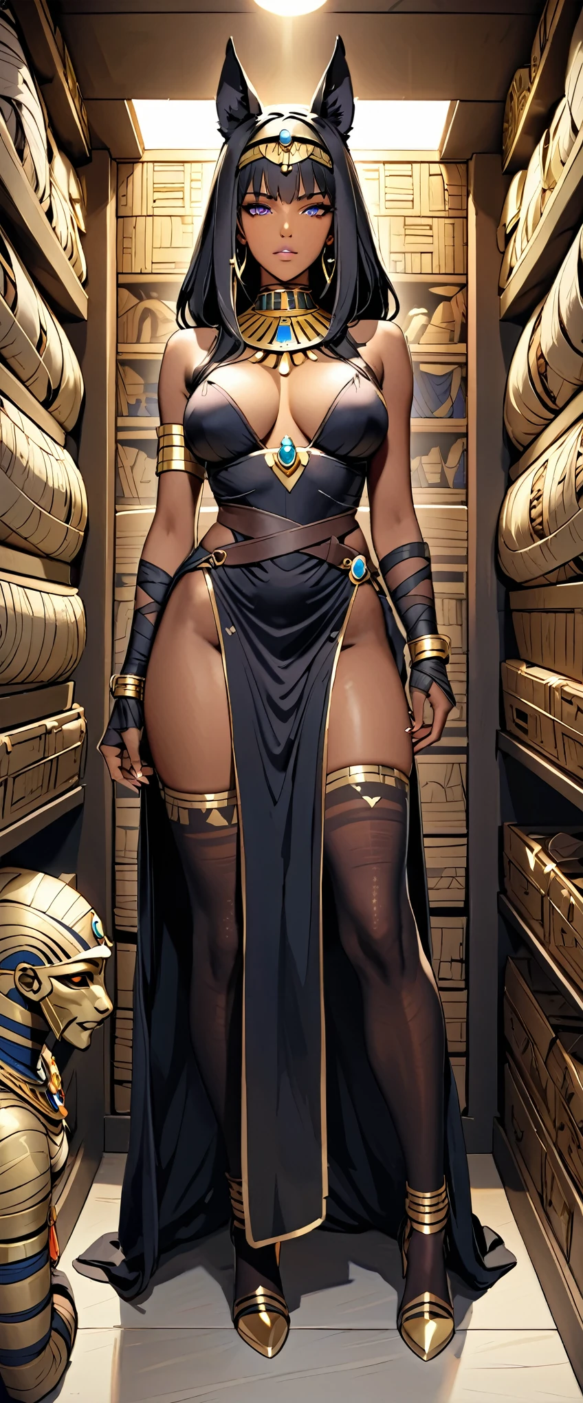 (masterpiece:1.2, Highest quality,Highest quality,Super detailed),8k,Wallpaper Female Anubis God,(Detailed face,Beautiful Face,Beautiful Skin,Dark Skin,Beautiful Hair),(Functional),(Serious),(Revealing outfits),(Shining Jewelry),(Shiny Costumes),Audit the mummies in the mummy storage room