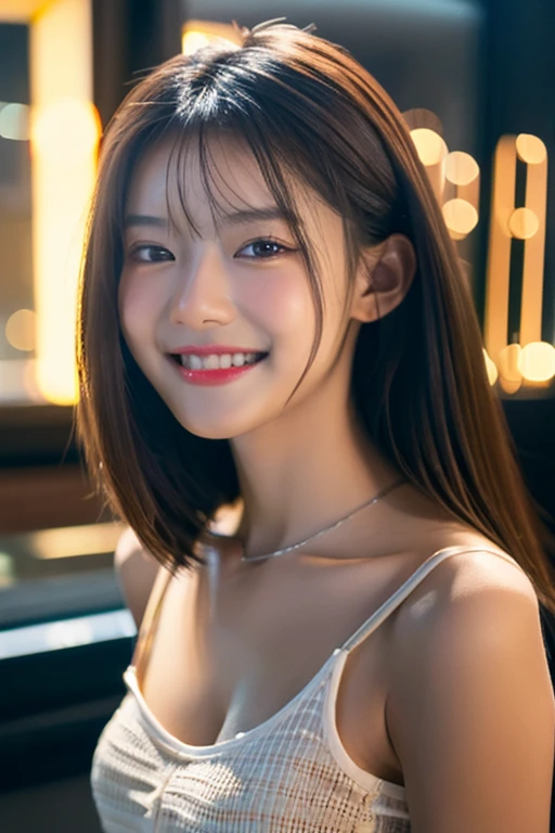 highest quality, masterpiece, Ultra-high resolution, (Realistic:1.2), One girl, (Detailed face:1.2), (Fine grain:1.2), (Detailed Hair:1.2), (Detailed clothing:1.2), 4K, , depth of field, photo, film, face, skinny, smile, collarbone,  teeth, movie, camisole, selfie, night,