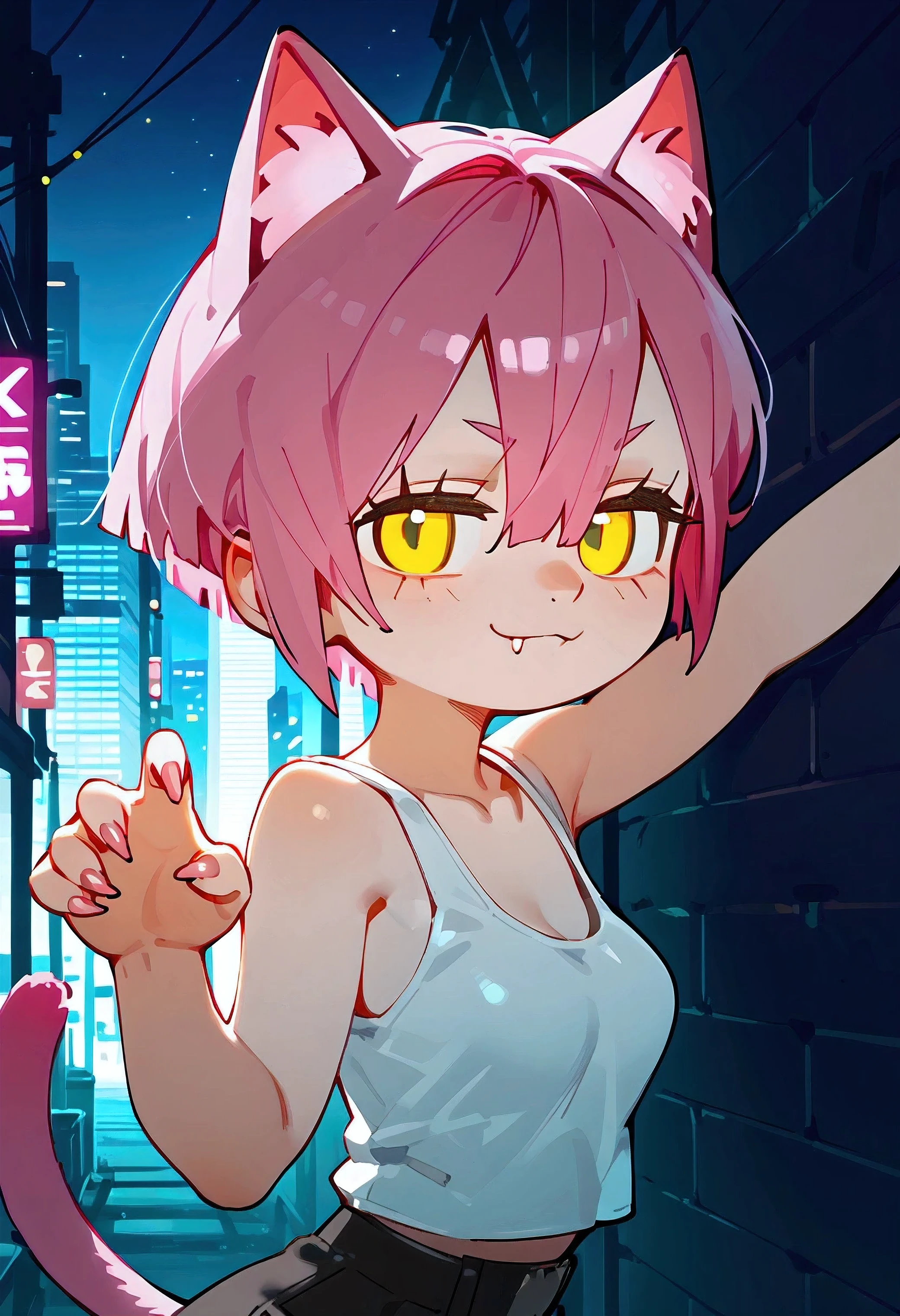 score_9, score_8_up, score_7_up, source_anime, outside, cyberpunk, city, night, sky, neon lights, cityscape, alley, side view, close-up, 1girl, (hair between eyes:1.1), yellow eyes, fair skin, half-closed eyes, smile, looking at viewer, solo, cat humanoid, tail, pixie cut, baby pink hair, medium breasts, white tank top, long fingernails, fangs, standing, against wall, dynamic pose, cat ears 