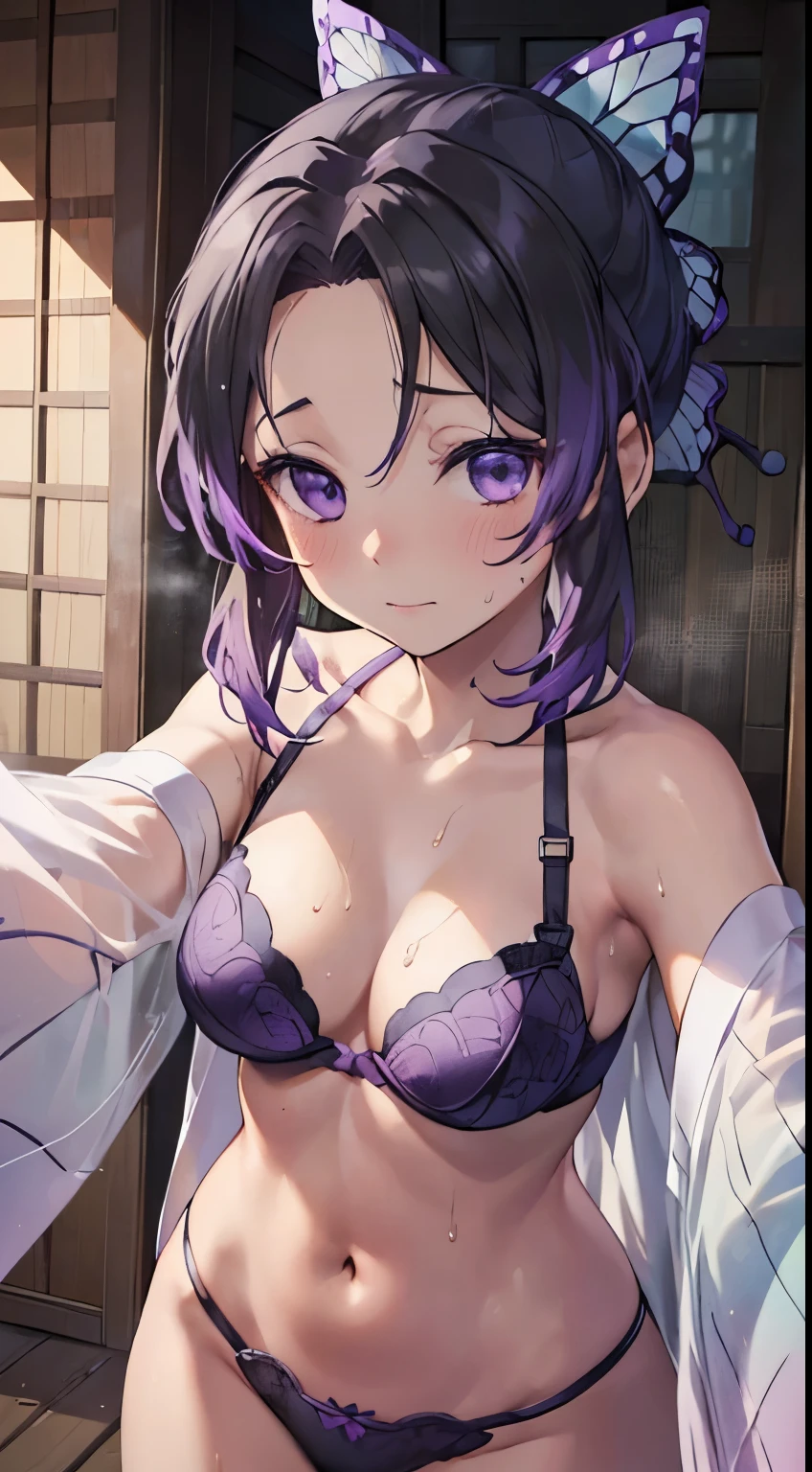 nsfw, team uniform, Small breasts, Purple bra, Very fine and beautiful pink nipples, Pointed nipples, side, Ultra-realistic 8K CG,masterpiece,((Highly detailed background,Delicate pattern,Intricate details)),The best quality in the best condition,とてもとてもとても詳細なface,(((Outdoor))), mysterious, (((Extremely Shy, Sweat, Ecstasy))), , ((((Selfie)))), Highly detailed eyesとface,Highly detailed eyes,kochou shinobu,Multicolored Hair,No bangs,Hair Intake,team uniform, Purple eyes,Haori,butterfly,band,(熱band庭園:1.2),Purple Flower,mostly cloudy null,Light of the sun,Tyndall effect,slope_null,face,beautiful null,Sabre on waist,Seductive posture,(Large Breasts:1.3),(Cleavage:1.3),(Off-the-shoulder outfit:1.6)