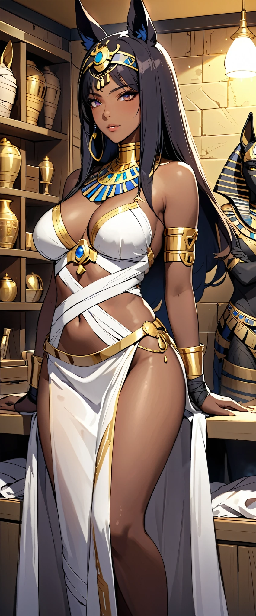 (masterpiece:1.2, Highest quality,Highest quality,Super detailed),8k,Wallpaper Female Anubis God,(Detailed face,Beautiful Face,Beautiful Skin,Dark Skin,Beautiful Hair),(Functional),(Revealing outfits),(Shining Jewelry),(Shiny Costumes),Perform a procedure on a mummy in the mummy storage room