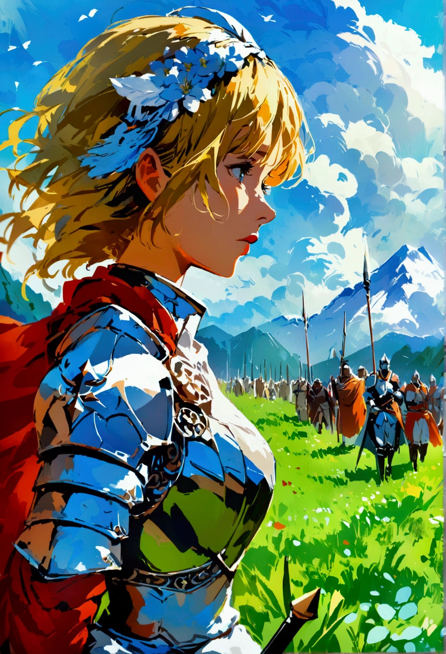 On green meadows，There was a girl leading a group of knights，Brave expression, Mountains stand in the distance,((detailed)), ((high quality)),Illustration style, HD