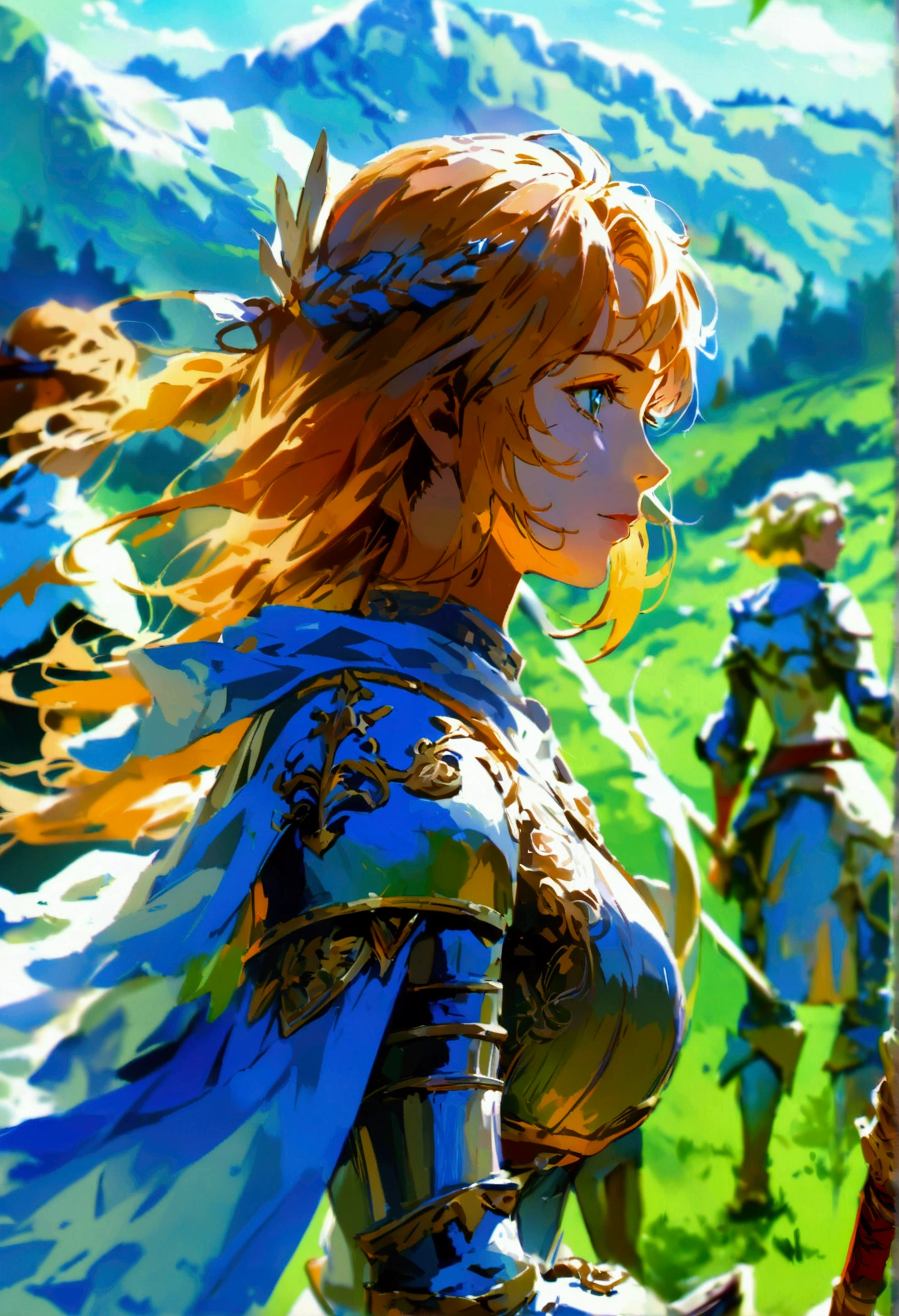 On green meadows，There was a girl leading a group of knights，Brave expression, Mountains stand in the distance,((detailed)), ((high quality)),Illustration style, HD