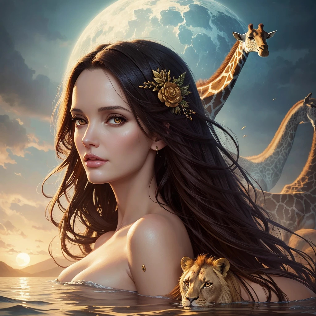golden hour, front view oil painting of a woman with face of Winona Ryder morphed with Angelina Jolie laughing with gigantic hairdo floating on water, giraffe morphed with lion emerges from water in the background, tears of joy, storks, stunning digital illustration, beautiful fantasy art portrait, a beautiful artwork illustration, charlie bowater rich deep colors, artstyle tom bagshaw, beautiful digital illustration, beautiful fantasy portrait, portrait of a dark fantasy nymph, exquisite digital illustration, in style of anna dittmann