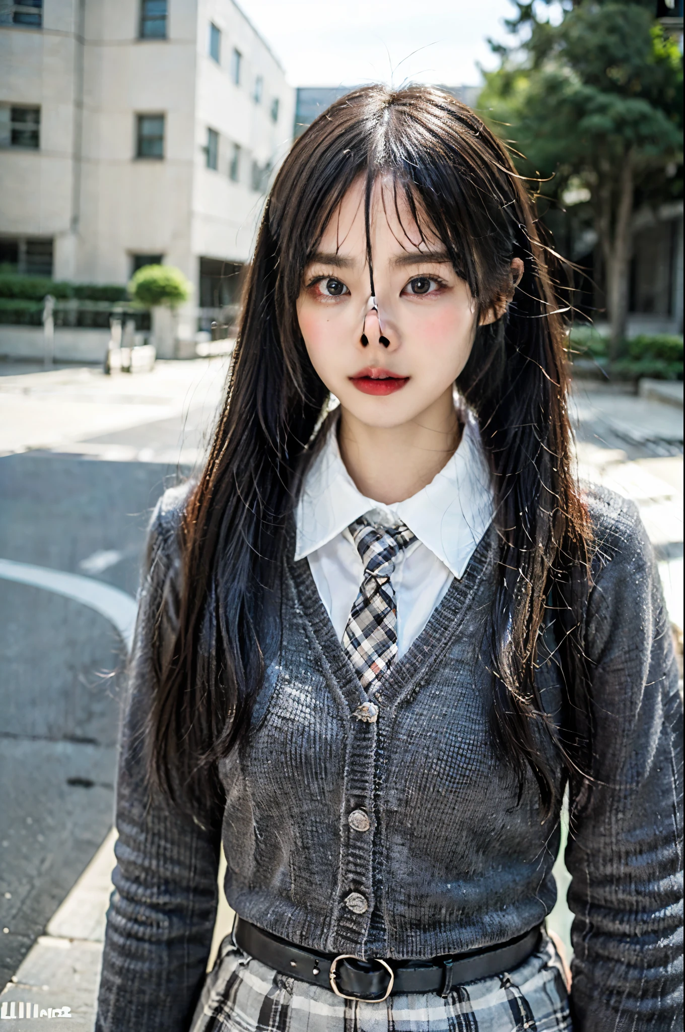 girl, kneeling on the playground after school, ((full body visible)), far away from viewer.
She is a beautiful, cute, Adorable, cute, young, Teen.
(Flat chest), (Large Breasts), (Large Breasts).
 hair.
Trickery face. Making funny faces. (Sticking out tongue), Revealing secrets, Hiding secrets, shy, Excited. 
She stares, View your viewers.
She has a black ponytail.
Camera focused on her face, light on face, ((f/1.2)), shallow depth-of-debtield, Strong background lens blur,  ISO 3000, Auto White Balance, 
Very detailed, professional lighting, soft light, RAW Photos, fashion model for uniqlo,
Highest quality, masterpiece, Award-winning photography, huge filesize, 8k, High resolution,
Taken with a Sony digital SLR.(Date attire, Sweater jacket, tie, Collared shirt、Brown Skirt, belt)