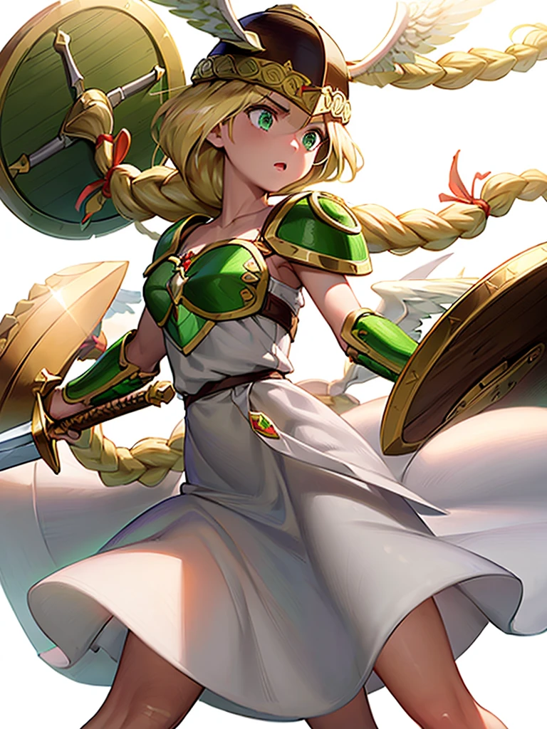 (White background,1girl:1.4),masterpiece,best quality,18yo, beautiful girl,BREAK,(With a sword and shield,Armor:1.5),(Helmet with wings:1.4),(Beautiful blonde,braid,Green Eyes:1.5),BREAK,(White Dress:1.3),(move chart:1.3),