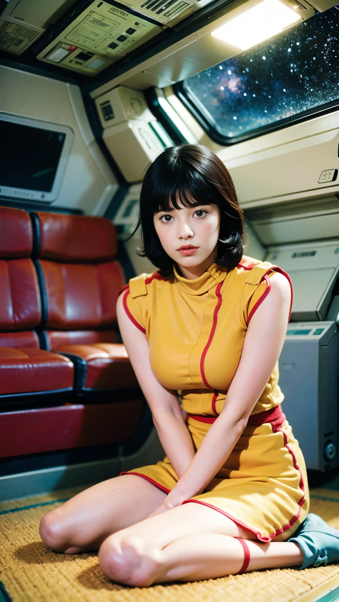 (8k、RAW Photos、Highest quality、masterpiece:1.2、Perfect Anatomy)、(Realistic、Realistic、Full body photo)、1 female、((A slightly sullen look))、short hair、(((A woman in her twenties wearing a Fa Yuiri costume)))、(Being inside a spaceship、Sitting)