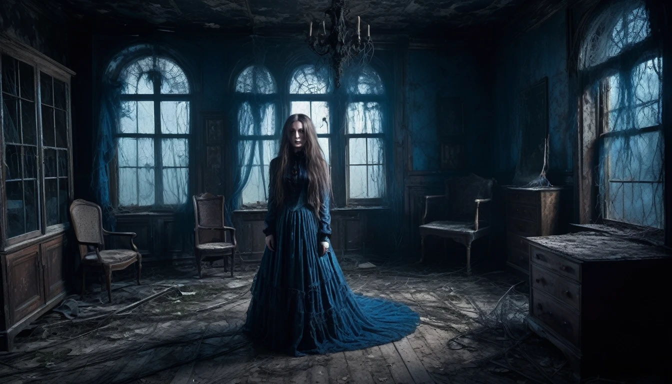 an abandoned, mysterious house in the dark woods, (best quality, highres) with haunting whispers and ghostly apparitions, (horror) illuminated by a pale moonlight, casting long shadows on the decaying furniture and broken glass, (ultra-detailed) revealing intricate cobwebs and layers of dust, (creepy) creating an atmosphere of suspense and unease. The air is heavy with an otherworldly presence, (photorealistic) as if time has stopped in this eerie place, (grim, gothic) where secrets and forgotten nightmares reside. Busty priest praying , giga_busty