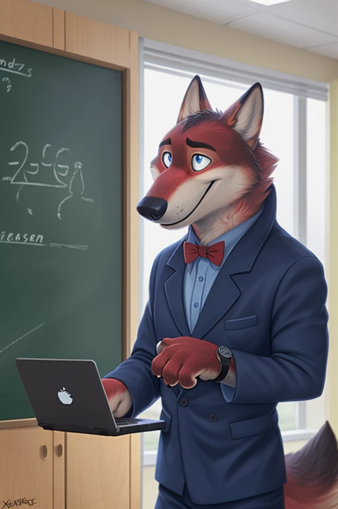Joachim Wolfbach (Zootopia),tall handsome, wolf,young, 24 years, brown fur,(red body:1.3),Blue eyes, Moscow Dressed jacket, shirt,Red bow tie,trousers, canine, wolf, detailed fur, Male, second, paw pads, finger claws,Holding a laptop in his hands, At the viewer, 5 fingers, paws, 5 fingers, smile, happy, resting, wrist watch, т nextel, сижу cabinetе, Class, school, by xenoforge, (difficult, high detail, film photography, soft focus, RAW, pilot in training,smile смех, teacher школы, cabinet, Class,teacher, standing at the blackboard, open mouth, teaches photorealism, realistic, photorealistic, analog style, subsurface scattering,
masterpiece, Best quality, ultra realistic, 8 thousand.)