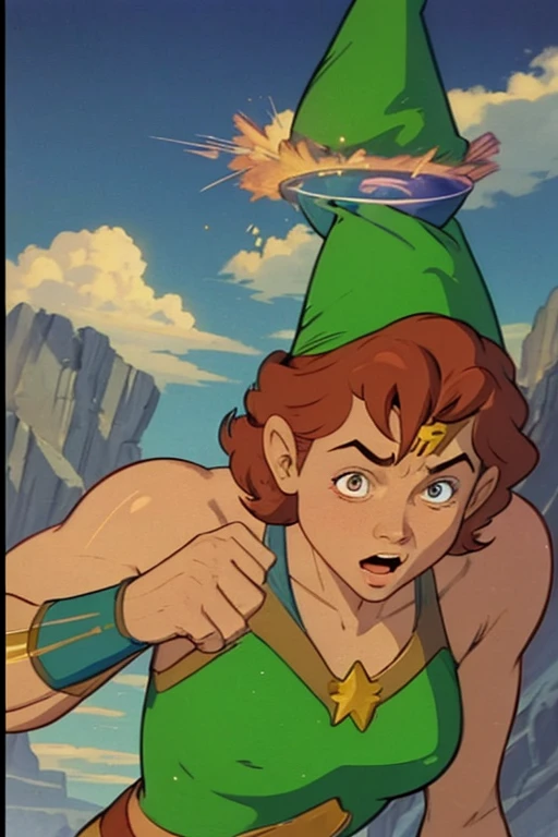 a redhead cartoon character, wonder woman outfit, green leotard, very muscular,  male wizard, 1980s cartoon, animated episode still, Presto (((mad))), ((Wears a wizard hat))