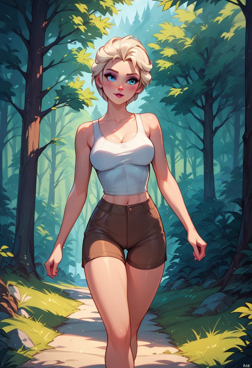 score_9, score_8_up, score_7_up, score_6_up, elsa, short hair, (tight brown shorts:1.2), and (white tank top:1.1), cinematic lighting,, walking in forest,