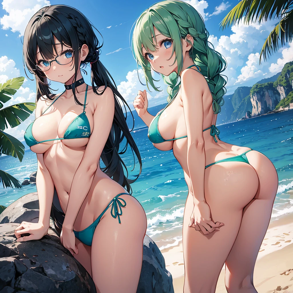 One Woman、Braided twin tails、Huge breasts、(Huge breasts:1.8)、Glasses、blue eyes、Green Hair、Swimwear、Sheer, tiny micro bikini、White tiny micro bikini、(Sheer, tiny micro bikini)、(White tiny micro bikini)、((Saigon Thai Bikini Top))、((T-back bikini underwear))、Erect nipples、Nipples are erect、background、(Ocean)、Sandy Beach、Sandy Beachにいる、Embarrassing、Accentuate your breasts、Pubic hair sticking out、Pubic hair grows abundantly、Show your ass to the audience、Turning her back to the viewer