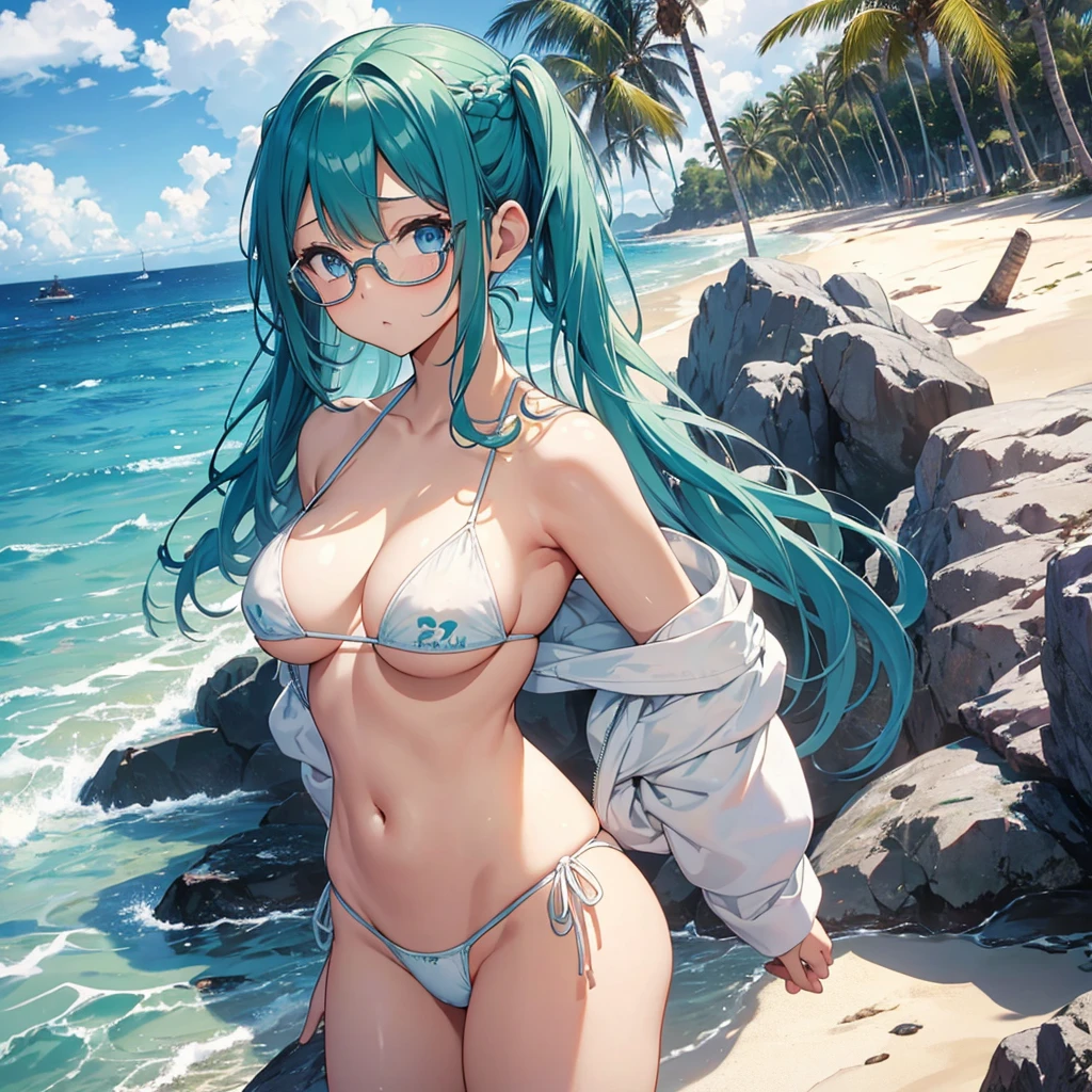 One Woman、Braided twin tails、Huge breasts、（Huge breasts：1.8)、Glasses、blue eyes、Green Hair、Swimwear、Sheer, tiny micro bikini、White tiny micro bikini、（Sheer, tiny micro bikini）、（White tiny micro bikini）、（（Saigon Thai Bikini Top））、（（T-back bikini underwear））、Erect nipples、Nipples are erect、background、（Ocean）、Sandy Beach、Sandy Beachにいる、Embarrassing、Accentuate your breasts、Pubic hair sticking out、Pubic hair grows abundantly、Show your ass to the audience、Turning her back to the viewer