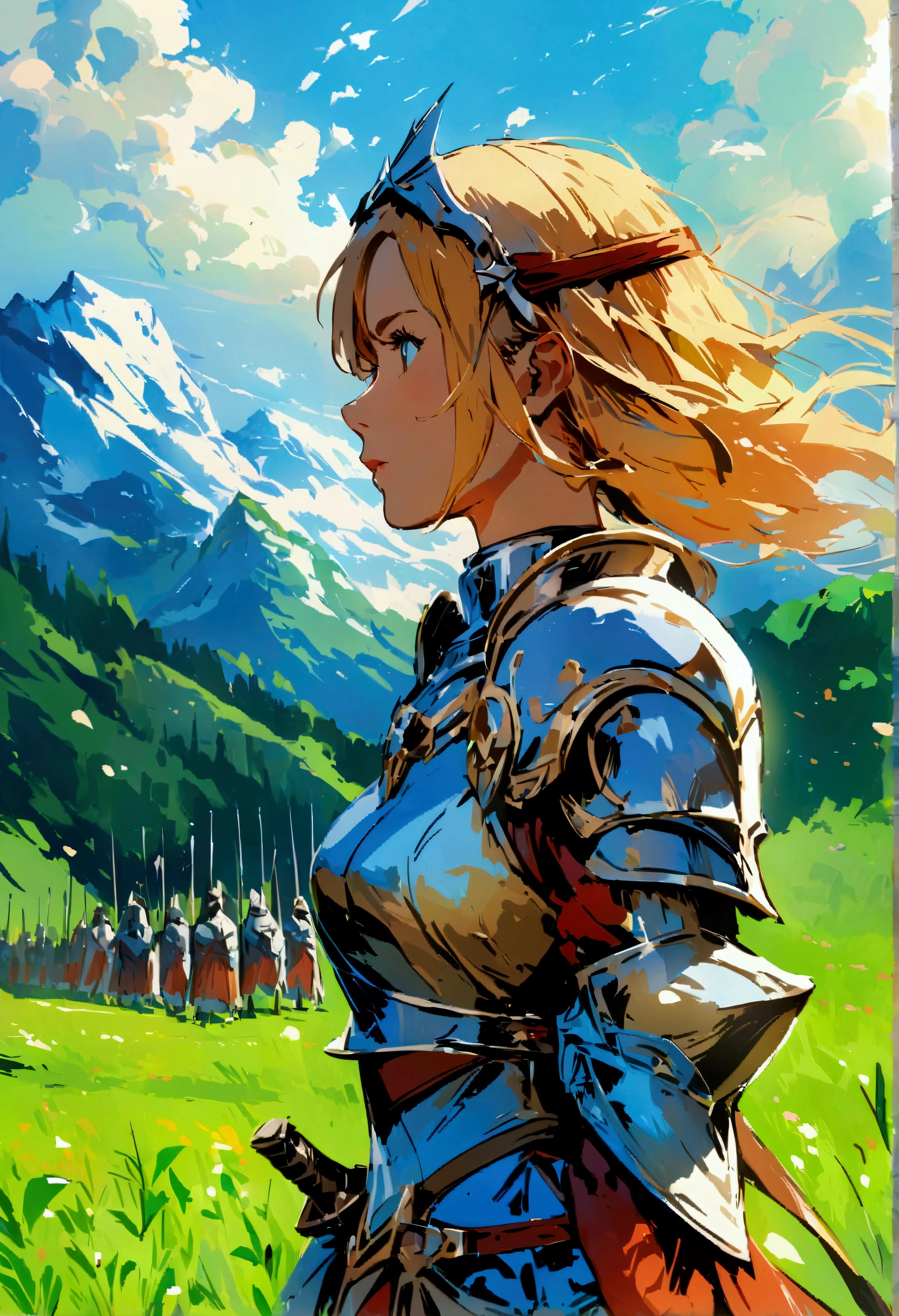 On green meadows,There was a girl leading a group of knights,Brave expression, Mountains stand in the distance,((detailed)), ((high quality)),Illustration style, HD