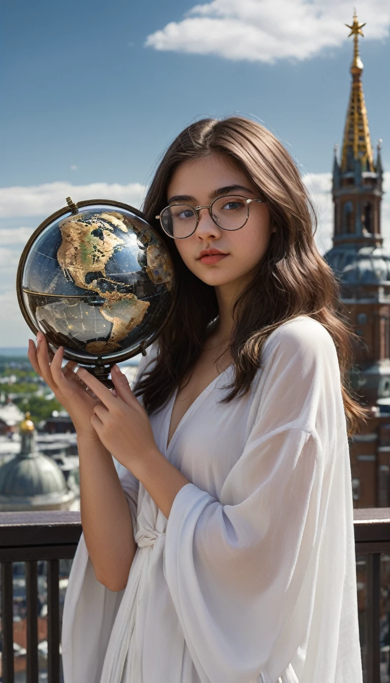 realistic, (masterpiece, top quality, Best quality, official art, beautiful and aesthetically pleasing: 1.2), very detailed, fractal art, colorful, The most detailed, (abstract background: 1.5) (1 short stocky chubby goddess girl with aesthetic small teen breasts(short round teenage girl with glasses: 1.3)), young round face, round cheeks, small round chin, plump sensual lips, realistic expressive honey brown eyes, realistic glasses with lenses, very realistic fluttering very disheveled shaggy slightly wavy semi-long dark brown hair, serious, divinely beautiful face, perfect teenage anatomy, short stature, short stocky torso with an inconspicuous waist, rounded split hips, beautiful legs and arms, Graceful fingers, silk airy almost transparent white robe for a naked body, Milky Way, huge magical bronze and silver globe for Virgo, dream,Fantasy, bronze and silver round finish,beautiful detailed sky,Style and jewelry for Virgo, goddess girl with a globe in her hands,(Nsfw:0.8) Delicate reflective high glass railings