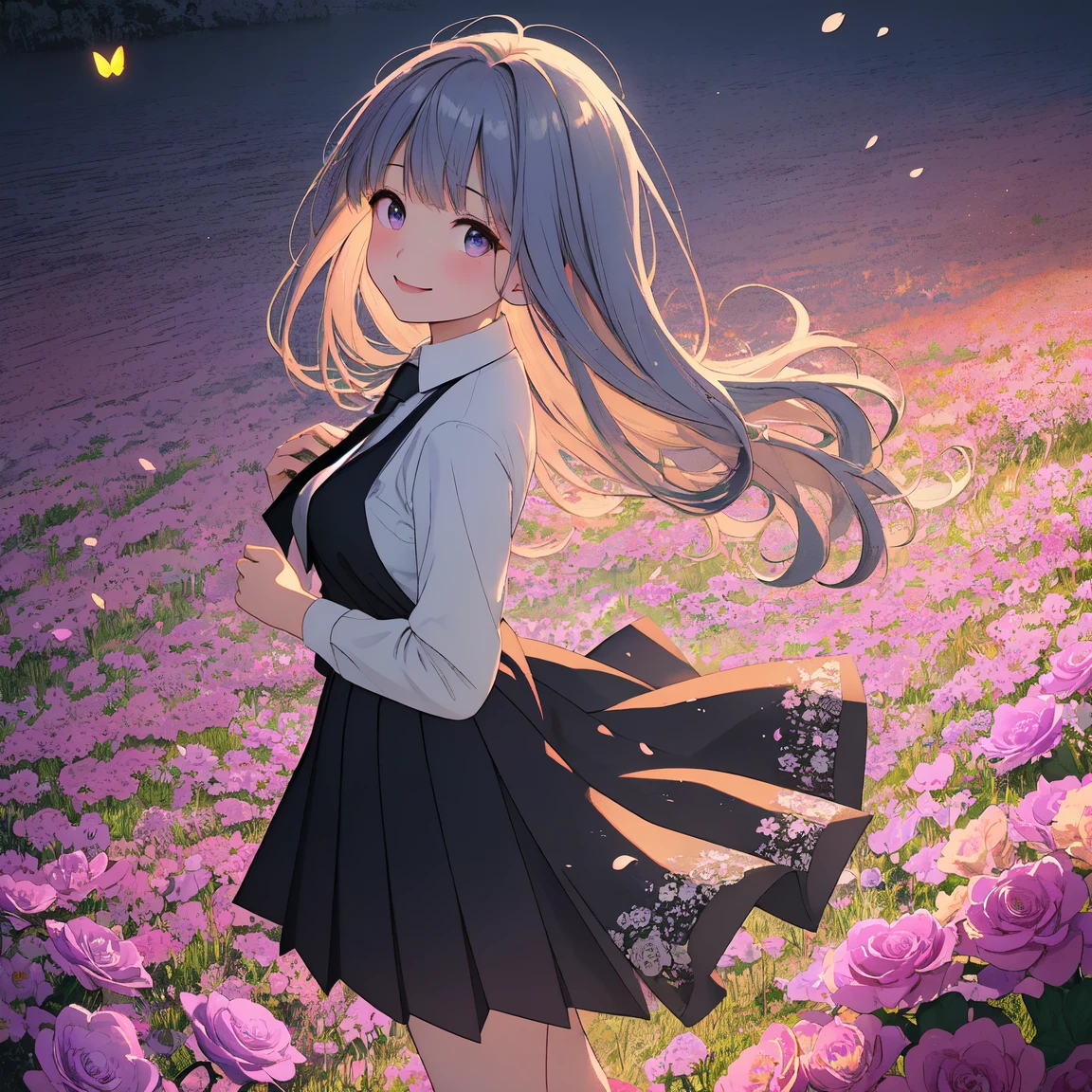 (( best quality, masterpiece, 4k, 8k, 16k, absurdrity, retina, High quality CG, Beautiful CG, Soft Light, Octane Rendering)), Ultra-Wide Angle, POV, anime style, 1girl, smile, blunt bangs, drooping eyebrows, aqua eyes, glowing eyes, violet hair, meadow, smile, long white shirt, black flowing pleated skirt, lace-trimmed skirt, black necktie, BREAK looking at viewer, blush, facing shot, sunrise backlighting, cloudy, purple and blue gradient sky, surrounded by glowing butterflies, award winning, vibrant colors, flowers flying, bloom, petals falling, cowboy shot, view from above, dreamy touch, hand on cheek