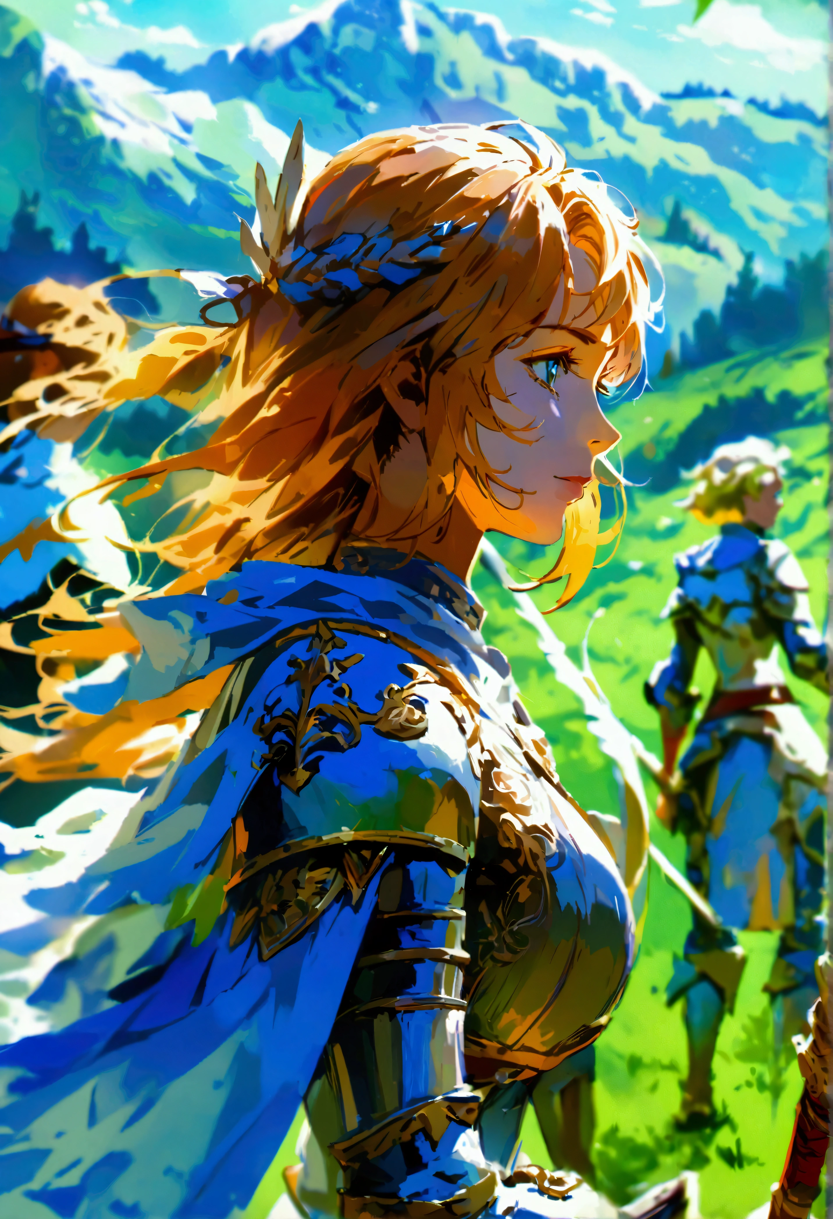 On green meadows,There was a girl leading a group of knights,Brave expression, Mountains stand in the distance,((detailed)), ((high quality)),Illustration style, HD