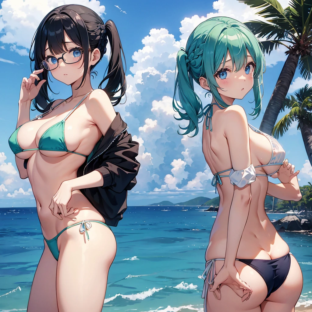 One Woman、Braided twin tails、Huge breasts、（Huge breasts：1.8)、Glasses、blue eyes、Green Hair、Swimwear、Sheer, tiny micro bikini、White tiny micro bikini、（Sheer, tiny micro bikini）、（White tiny micro bikini）、（（Saigon Thai Bikini Top））、（（T-back bikini underwear））、Erect nipples、Nipples are erect、background、（Ocean）、Sandy Beach、Sandy Beachにいる、Embarrassing、Accentuate your breasts、Pubic hair sticking out、Pubic hair grows abundantly、Show your ass to the audience、Turning her back to the viewer、Facing back