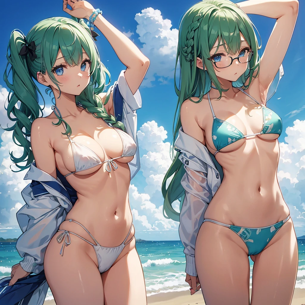 One Woman、Braided twin tails、Huge breasts、（Huge breasts：1.8)、Glasses、blue eyes、Green Hair、Swimwear、Sheer, tiny micro bikini、White tiny micro bikini、（Sheer, tiny micro bikini）、（White tiny micro bikini）、（（Saigon Thai Bikini Top））、（（T-back bikini underwear））、Erect nipples、Nipples are erect、background、（Ocean）、Sandy Beach、Sandy Beachにいる、Embarrassing、Accentuate your breasts、Pubic hair sticking out、Pubic hair grows abundantly、Show your ass to the audience、Turning her back to the viewer、Facing back