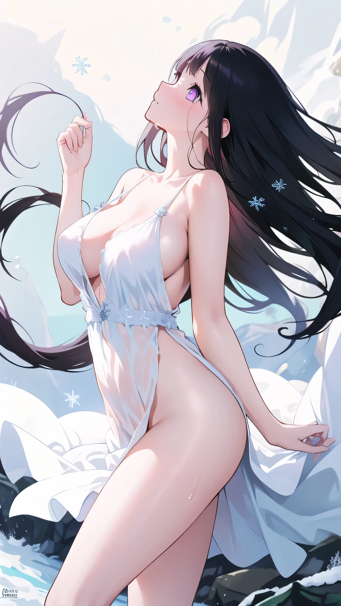Chitanda,There is only one beautiful girl,Purple Eyes, Black Hair, Natural straight hair, Straight bangs,Extremely refined,open your lips,Face is so red,Very white skin,Skin as delicate as porcelain,Glowing skin,big eyes,Flowing long hair,beautiful girl, Like a dream,Slim,Slim waist,soft, (sensuous), (Kawaii), Dream quality,Sweaty and sweaty,Wet skin,Side ,snowflake,Playing in the snow on the snow mountain,Looking up,Looking up,Falling to the ground,Thighs clamp hands,It's covered in water,Hands reach into your pants,White transparent dress,Profile,(Completely naked),al groove,The outline of the breasts is vthrough clothing,Completely naked back,nacked hry close,Deep V neckline,Loose neckline,Beautiful big breasts,No pants,nop,Bare shoulders,There are no shoulder straps,Exposed collarbone,Delicate clavicle,Delicate hands and feet,Bare neck,There are no clothes around the neck,Bare thighs,Exposed groin,Camel toe,extremely shy,Ultra-high n, (masterpiece:1.2, best quality), (Delicate and beautiful eyes: 1.2), (Beautiful and delicate face)