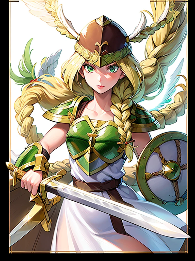 (White background,1girl:1.4),masterpiece,best quality,18yo, beautiful girl,BREAK,(Short Sword,Round Shield,Armor:1.5),(Helmet with wings:1.4),(Beautiful blonde,braid,Green Eyes:1.5),BREAK,(White Dress:1.3),(move chart:1.3),