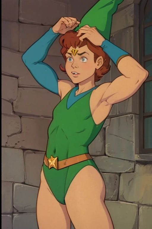 a redhead cartoon character, wonder woman outfit, green leotard, very muscular, 14 year old male wizard, 1980s cartoon, animated episode still, Presto (((mad))), ((Wears a wizard hat))