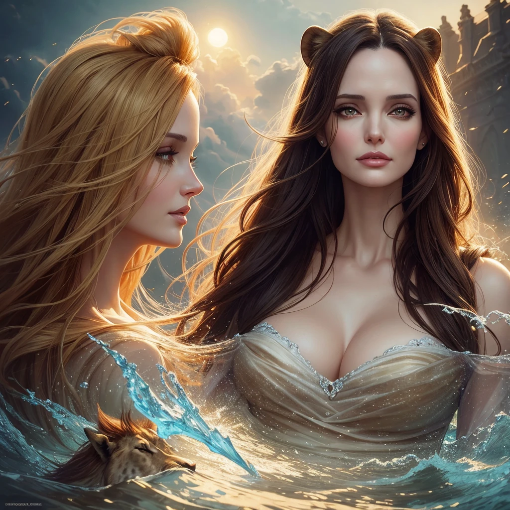 golden hour, front view oil painting of a woman with face of Winona Ryder morphed with Angelina Jolie laughing with gigantic hairdo floating on water, giraffe morphed with lion emerges from water in the background, tears of joy, storks, stunning digital illustration, beautiful fantasy art portrait, a beautiful artwork illustration, charlie bowater rich deep colors, artstyle tom bagshaw, beautiful digital illustration, beautiful fantasy portrait, portrait of a dark fantasy nymph, exquisite digital illustration, in style of anna dittmann