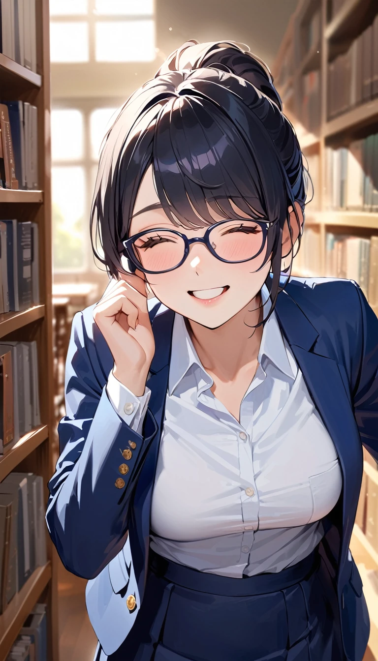 super detail, best quality, 18 yeaes old, a woman, ponytail, Black Hair, Glasses, (Joy),front,Navy blue blazer, White shirt, Navy blue long skirt, high school student,Barely,In the library,Blurred background